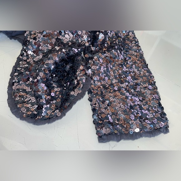 BEBE SEQUIN BLUE LINED CROPPED CARDIGAN/SHAWL SZ 4 TRIM DETAIL OPEN FRONT SILK - Picture 9 of 14